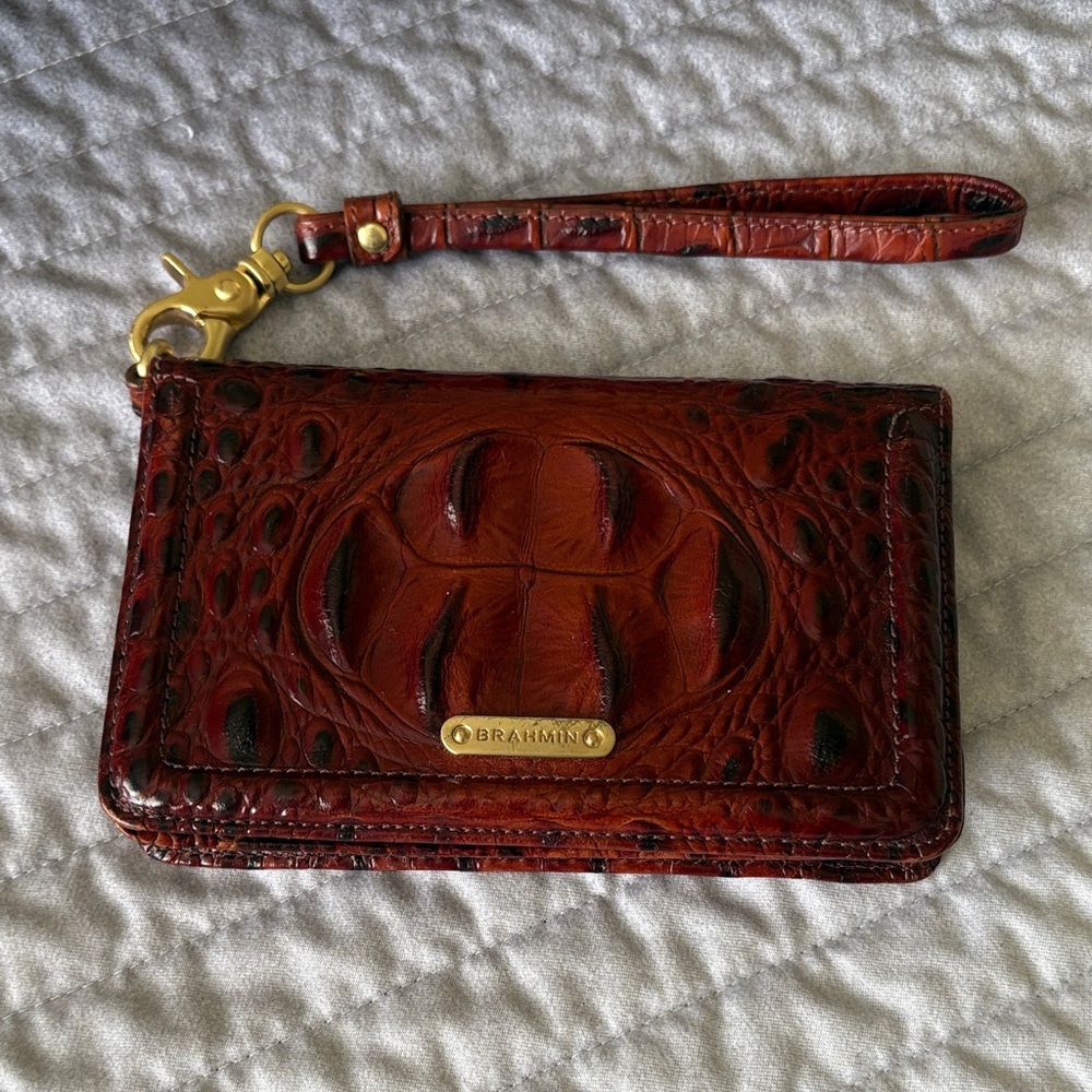 Brahmin Croc-Embossed Leather Wristlet in Rich Brown